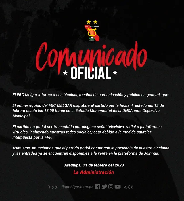 Melgar lanzó comunicado y dio dura noticia a sus hinchas.