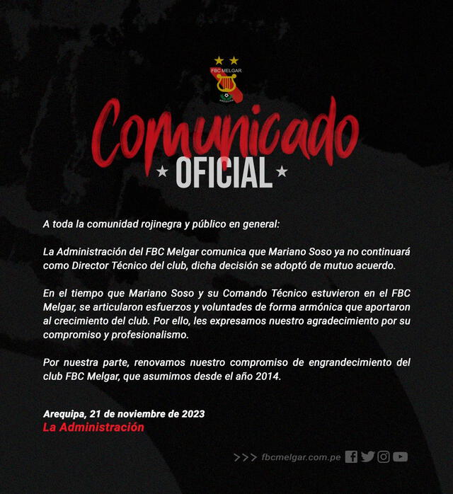 Melgar anunció la salida de Mariano Soso Melgar anunció la salida de Mariano Soso