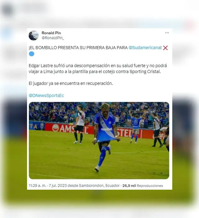 Edgar Lastre es baja en Emelec.