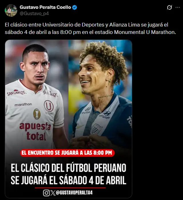 Se conoció la fecha y hora para el Universitario vs Alianza. Foto: X