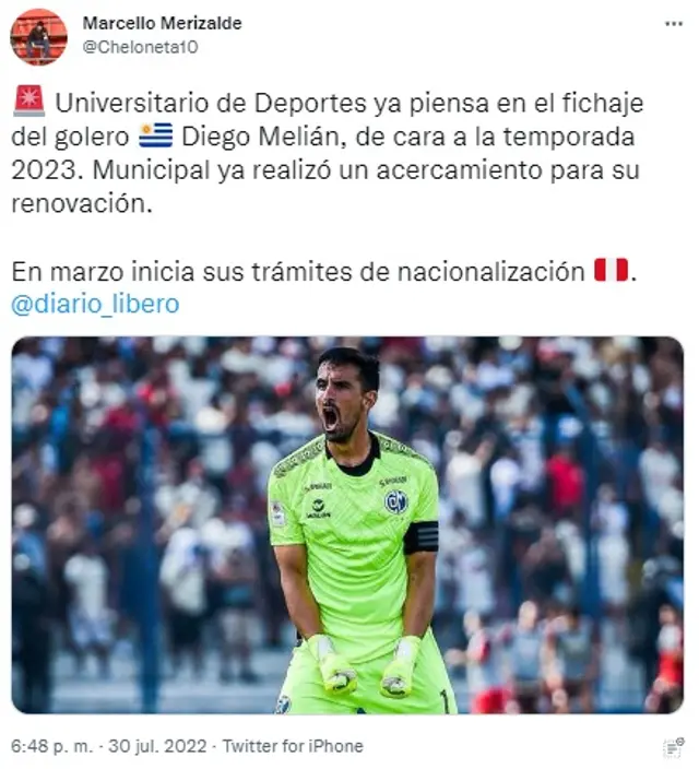 Diego Melían es opción en Universitario.