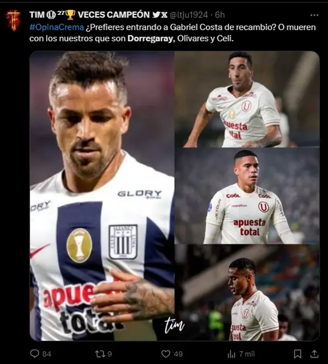 Encuesta de hinchas cremas tras posible fichaje de Gabriel Costa. | FOTO: Twitter - X   