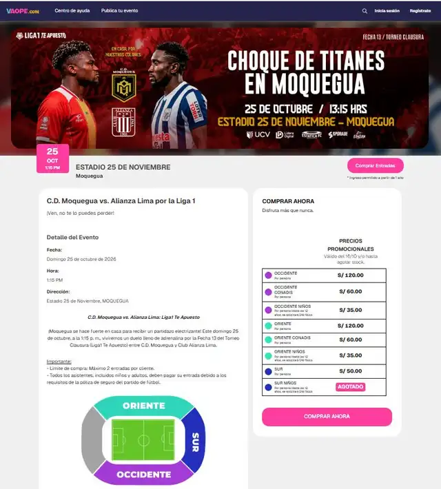 Vaope venderá las entradas del Alianza Lima vs CD Moquegua