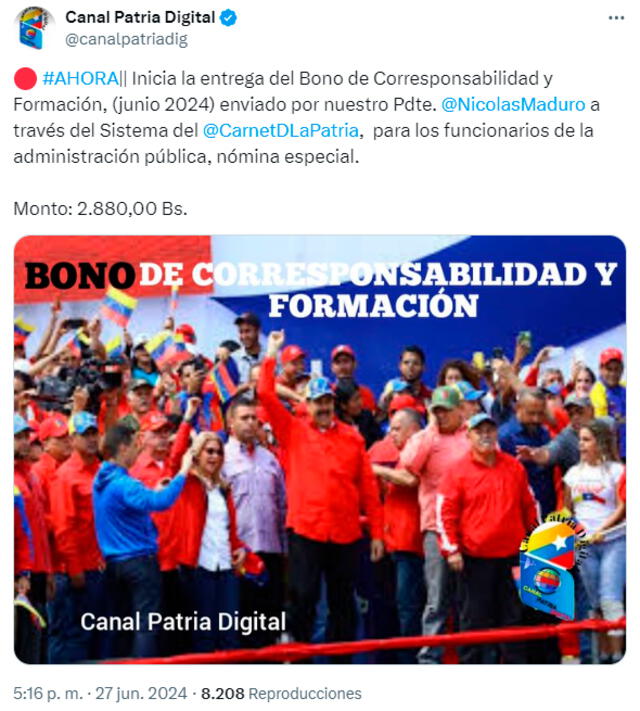 Bono Patria de 2.880 bolívares