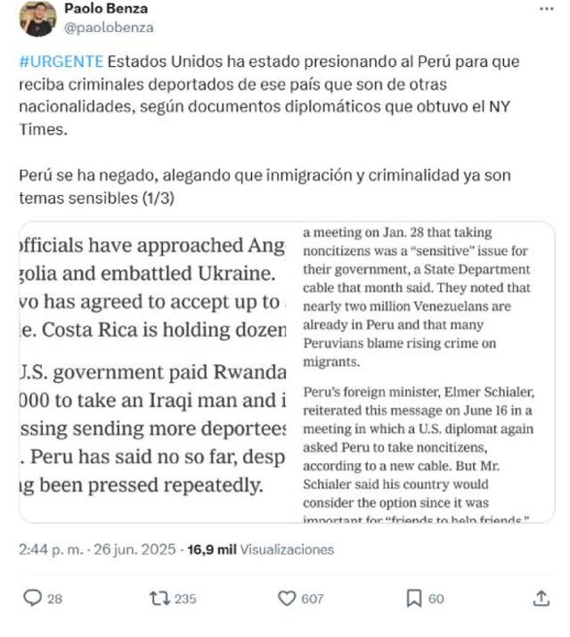  <em>The New York Times revela que gobierno de Trump estaría presionando a otros países para recibir a sus deportados / Foto: X de Paolo Benza</em>   