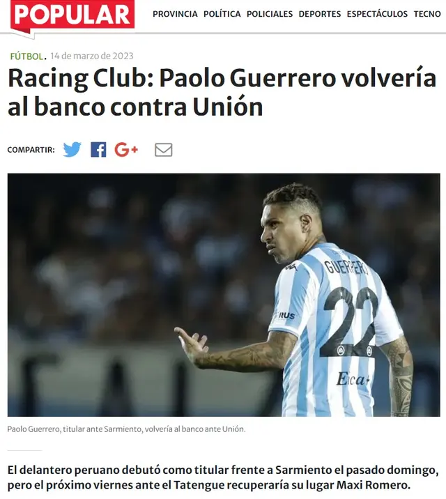 Paolo Guerrero iría al banco de Racing Club.