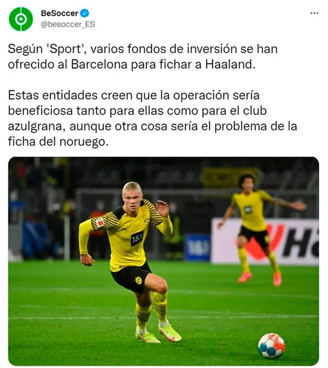 BeSoccer informa cercanía de Haaland con Barcelona. BeSoccer informa cercanía de Haaland con Barcelona.