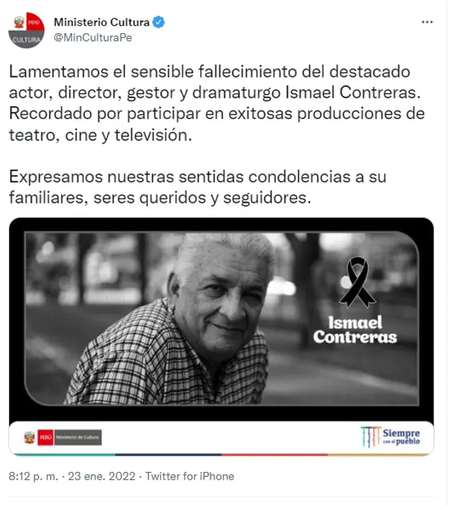 Ministerio de Cultura lamente muerte del actor Ismael Contreras   