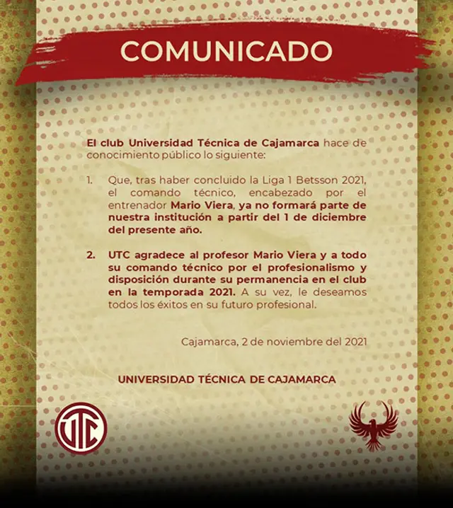 Comunicado de UTC sobre la salida de Mario Viera. Comunicado de UTC sobre la salida de Mario Viera.