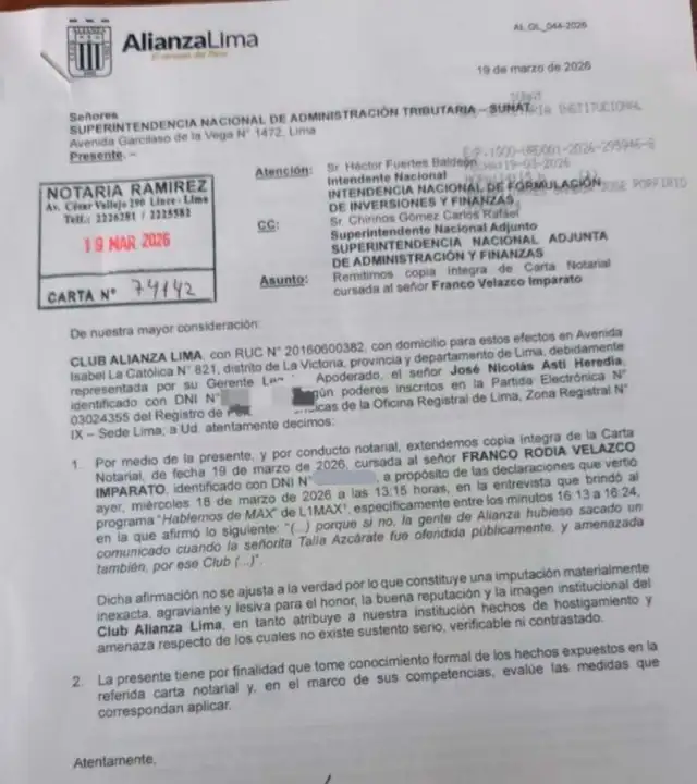 Alianza Lima notifica a SUNAT por carta notarial a Franco Velazco. Foto: José Varela  