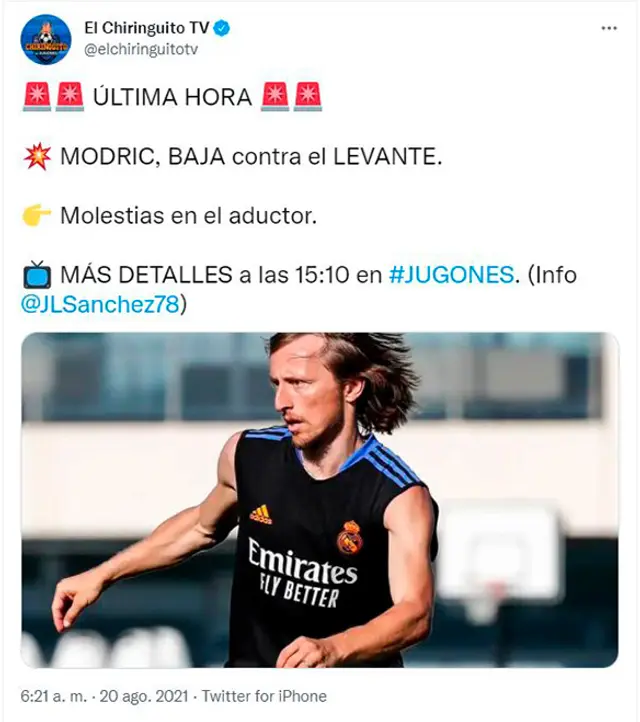 Luka Modric es baja para Real Madrid de cara al duelo ante Levante. Foto: Captura. Luka Modric es baja para Real Madrid de cara al duelo ante Levante. Foto: Captura.
