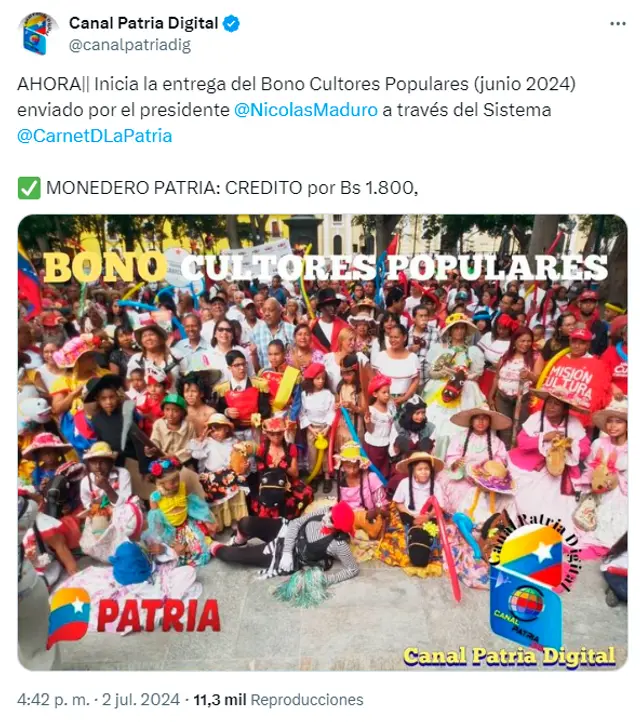 El Bono Cultores Populares de junio 2024 comenzó a ser depositado a partir del martes 2. Imagen: Canal Patria Digital.   