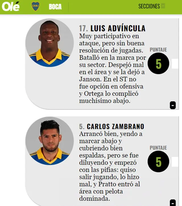 Puntaje del diario Olé a Luis Advíncula y Carlos Zambrano tras victoria de Boca ante Vélez. Puntaje del diario Olé a Luis Advíncula y Carlos Zambrano tras victoria de Boca ante Vélez.