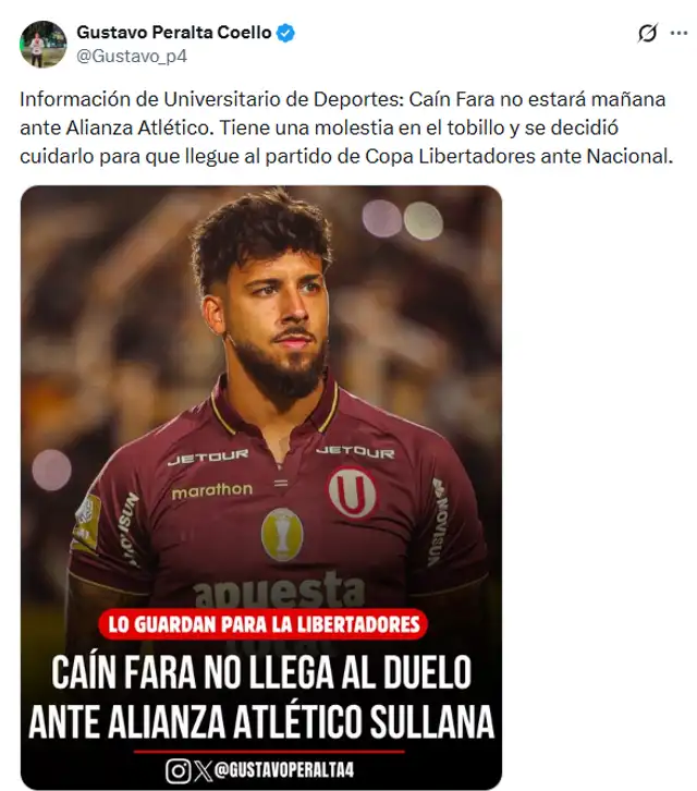 Caín Fara no estará para el partido contra Alianza Atlético