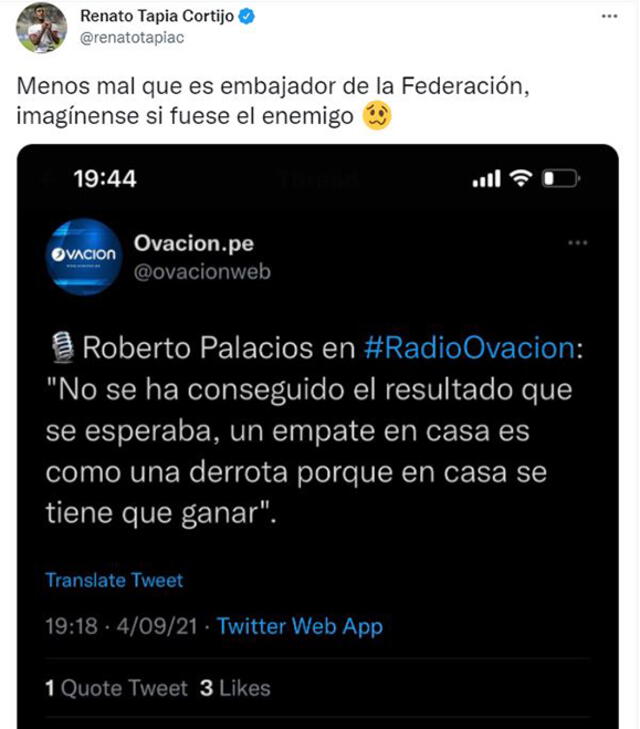 Post de Renato Tapia en redes sociales.   