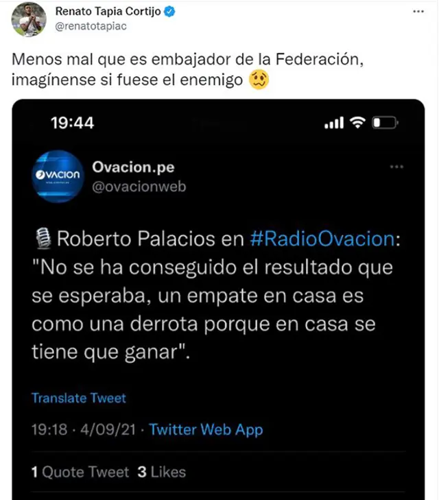 Renato Tapia y el tweet de la polémica sobre Roberto Palacios.   