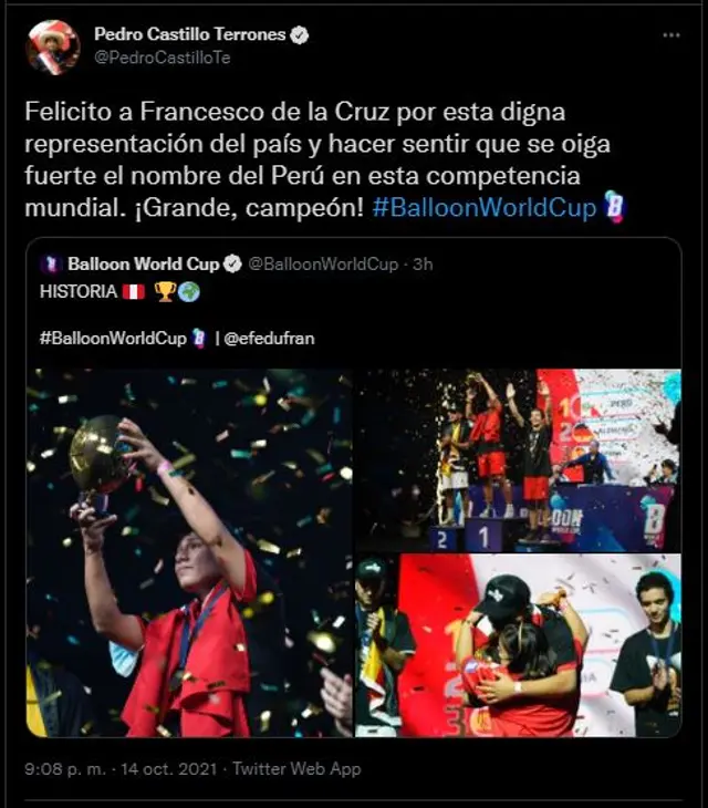 Captura: Twitter- Pedro Castillo.   