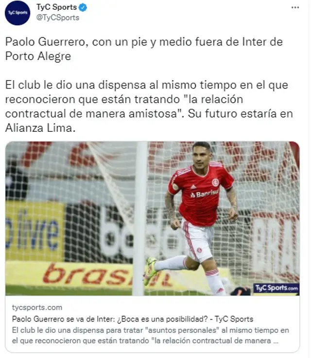 TyC Sports da a Paolo Guerrero en Alianza Lima. TyC Sports da a Paolo Guerrero en Alianza Lima.