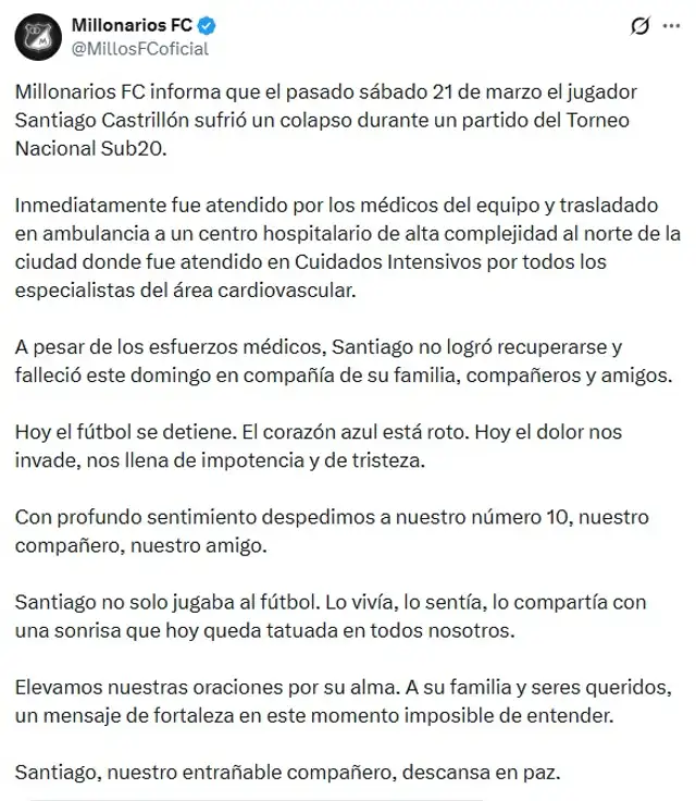 Comunicado de Millonarios sobre fallecimiento de Santiago Castrillón.  