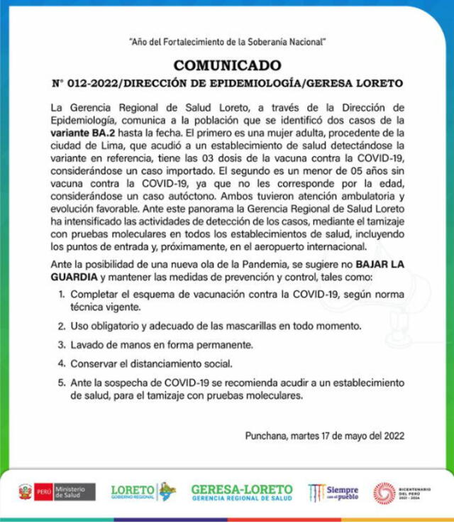 Comunicado Diresa Loreto, primer caso de contagio en una mujer con la subvariante BA.2 de la ómicrón.