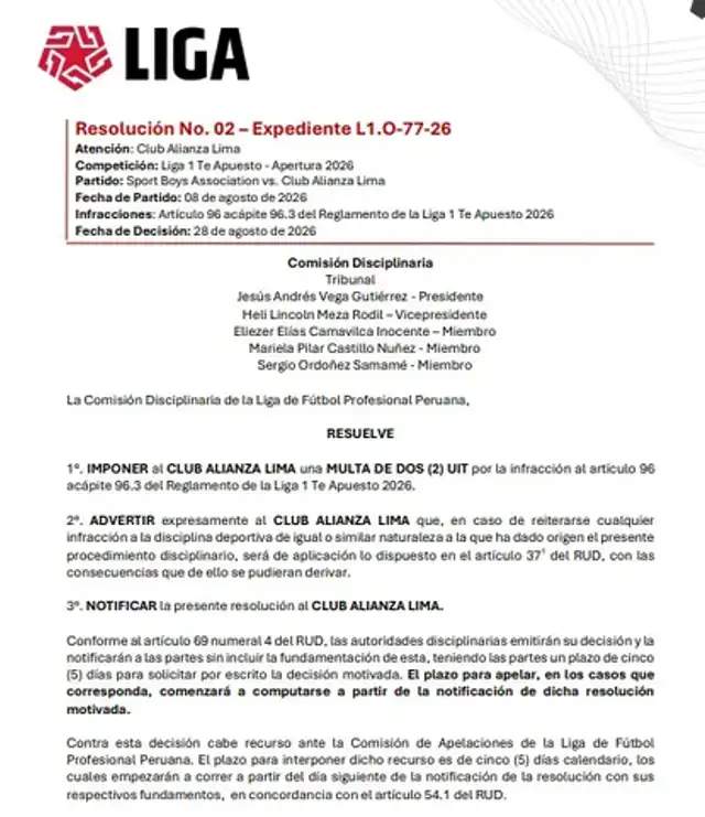 La Comisión Disciplinaria y su multa a Alianza Lima tras partido ante Sport Boys