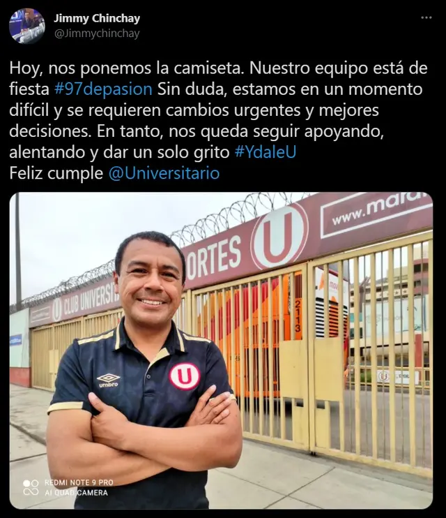Jimmy Chinchay dedica emotivo post a Universitario