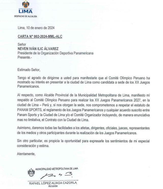 Carta de Lima a las autoridades de los Juegos Panamericanos
