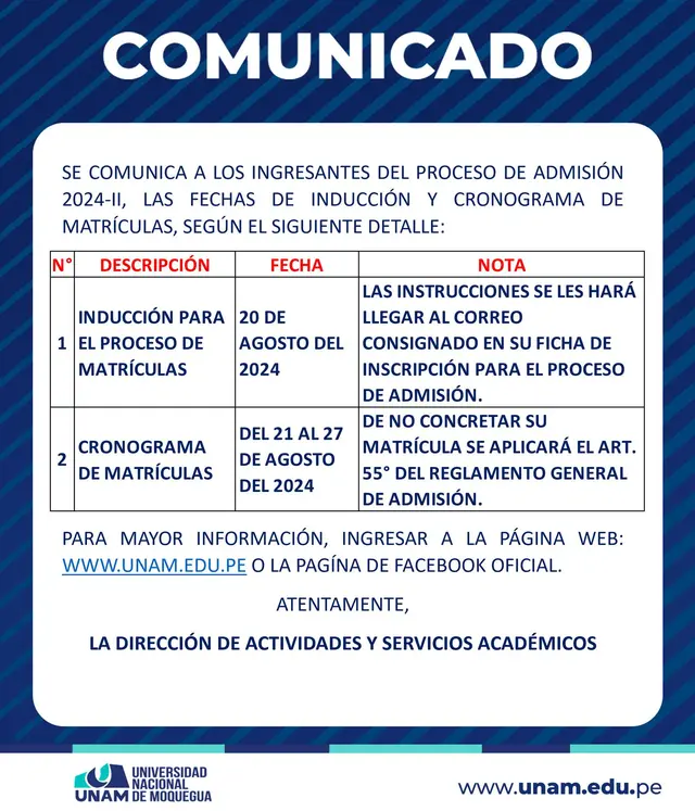 Comunicado a todos los ingresantes de la UNAM 2024-II. Imagen: UNAM.   