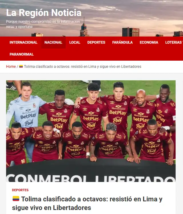 El medio 'La Región Noticia' informó sobre el partido entre Universitario ante Deportes Tolima por la Copa Libertadores 2026