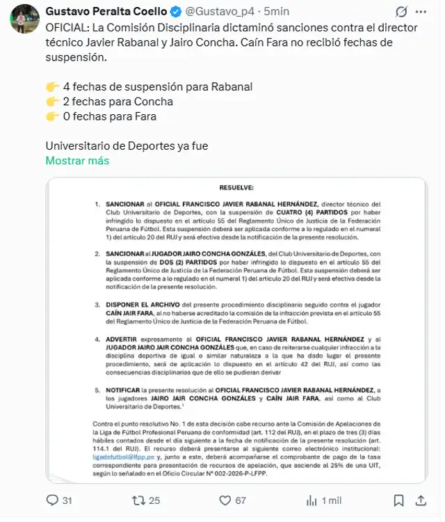 Sanción para Rabanal