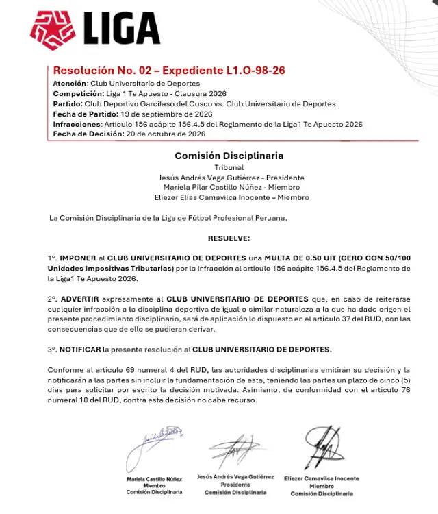 Comisión Disciplinaria, Universitario de Deportes Comisión Disciplinaria, Universitario de Deportes