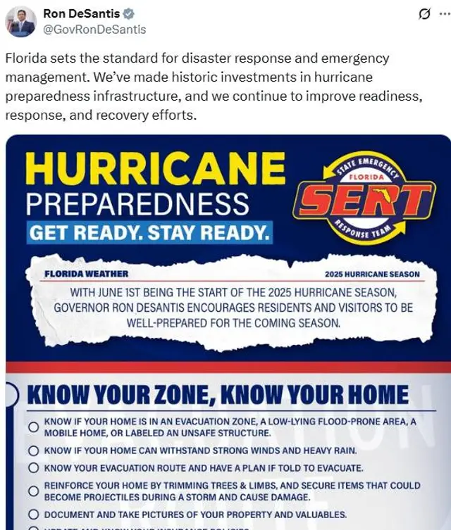 <em> Ron DeSantis advierte sobre cómo prepararnos ante huracanes en Florida. / Foto: X de Ron DeSantis</em>   