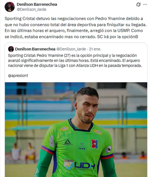 Pedro Ynamine no será arquero de Sporting Cristal | Denilson Barrenechea Pedro Ynamine no será arquero de Sporting Cristal | Denilson Barrenechea