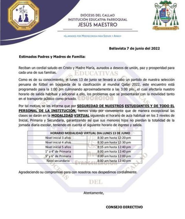 Comunicado del colegio Jesús Maestro de Bellavista