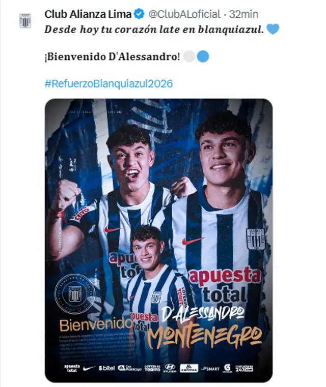 Alianza Lima anuncia a D'Alessandro Montenegro Alianza Lima anuncia a D'Alessandro Montenegro