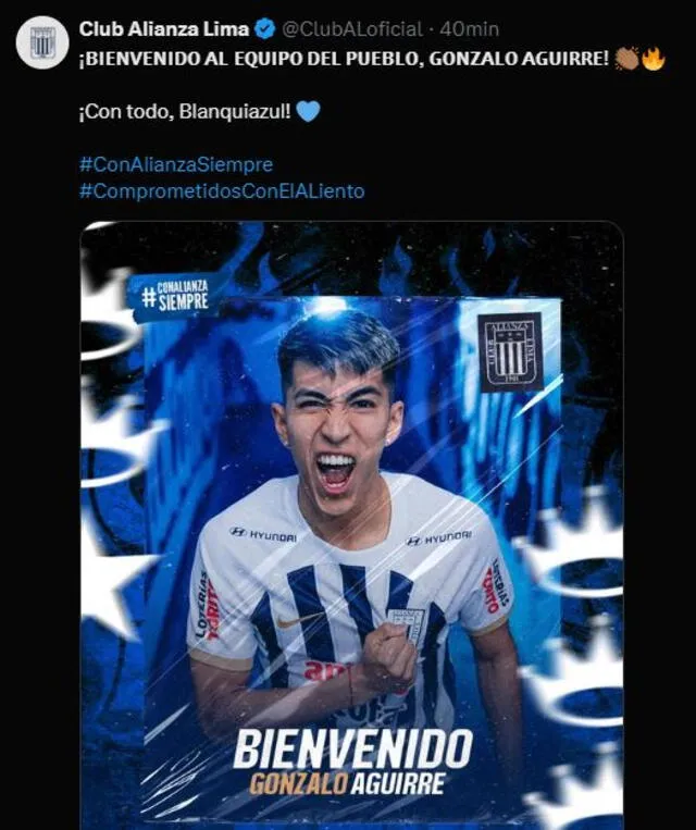 Alianza Lima confirmó a Gonzalo Aguirre como flamante fichaje. (Foto: Twitter - X)