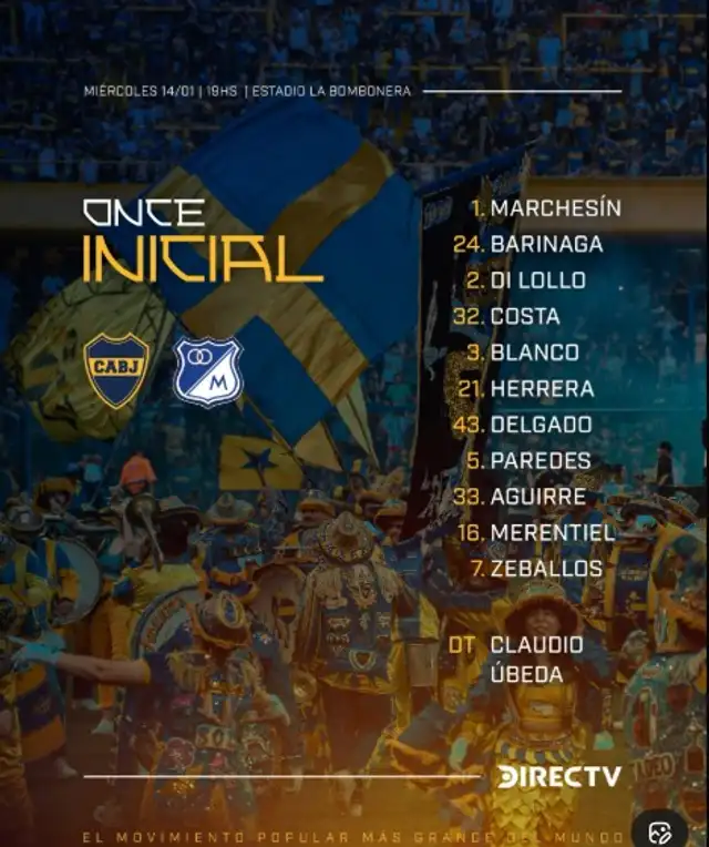 Formación de Boca Juniors vs. Millonarios.   