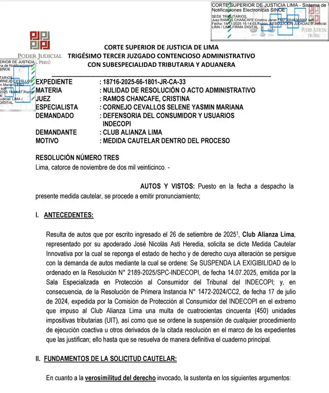 El expediente del Poder Judicial que libera provisionalmente a Alianza Lima de la multa de 450 UIT por apagón en la final del 2023 ante Universitario.   