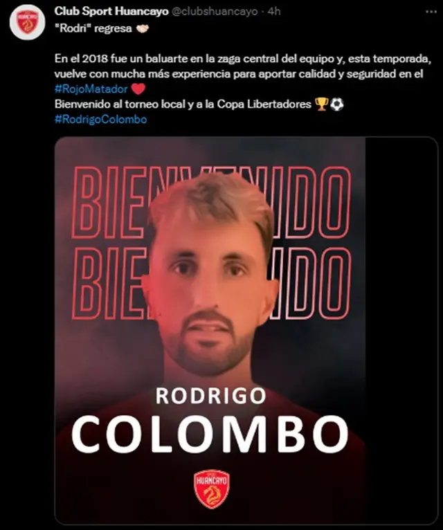 Rodrigo Colombo vuelve a Sport Huancayo después de cuatro años. Rodrigo Colombo vuelve a Sport Huancayo después de cuatro años.