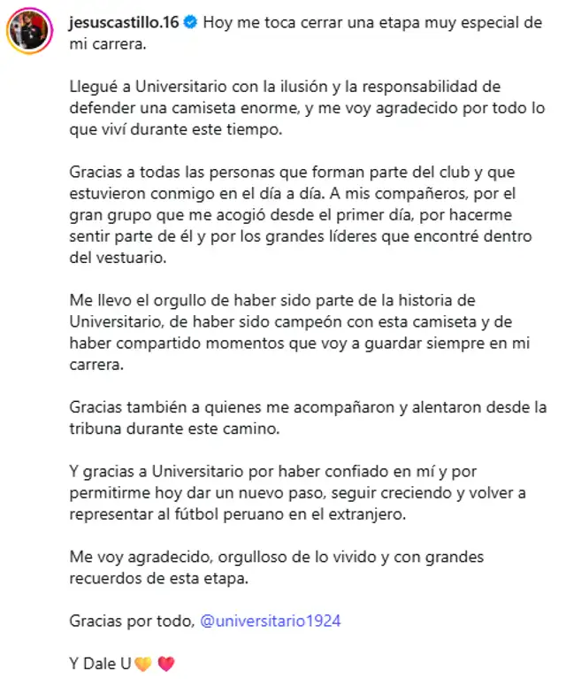 Jesús Castillo se despidió de Universitario
