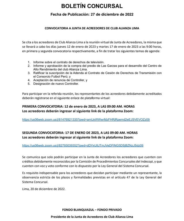 Boletín concursal que informa sobre el CAR de Alianza Lima.    