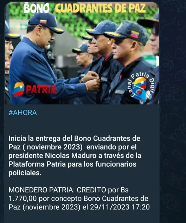 Anuncio del pago del Bono cuadrante de Paz de noviembre 2023. Foto: Telegram.   
