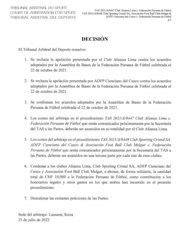 Fallo del TAS y sanción a 4 clubes de la Liga 1.   