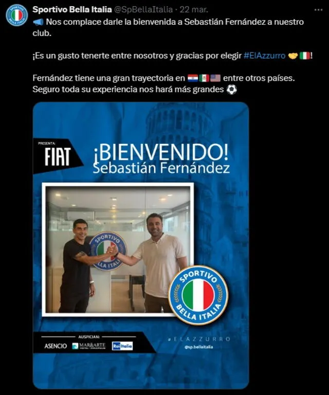 Sebastián Fernández fichó por el Sportivo Bella Italia de Uruguay Sebastián Fernández fichó por el Sportivo Bella Italia de Uruguay