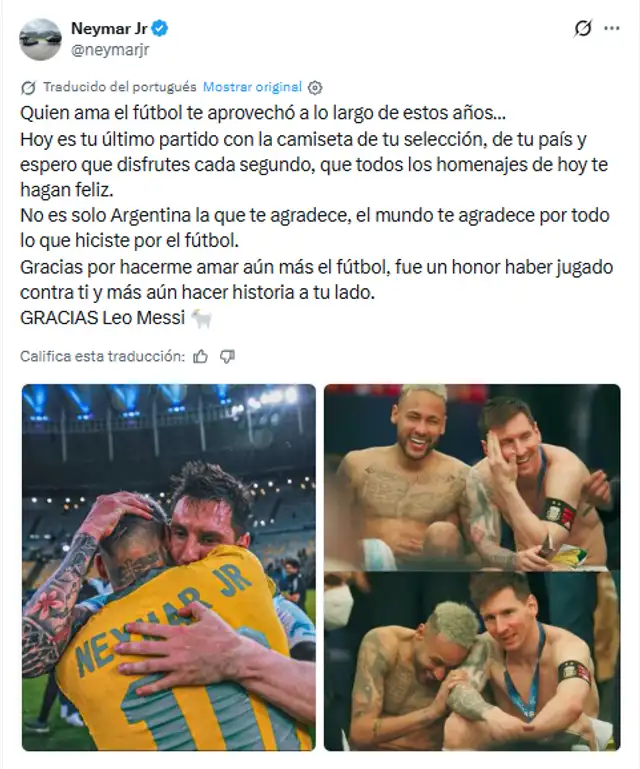 Neymar se despidió de Lionel Messi previo a su último partido con la selección Argentina