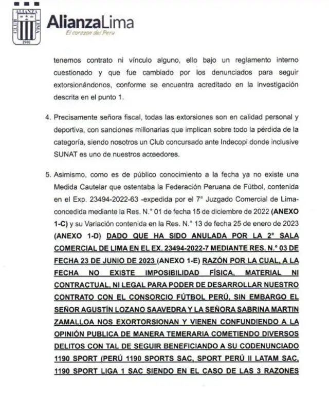 Alianza Lima envió comunicado a Junta de Fiscales Supremos   