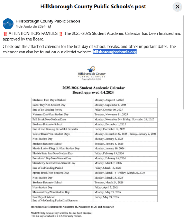 Ya se anunció la fecha de inicio de clases para el año escolar 2025-2026 en el condado de Hillsborough.   