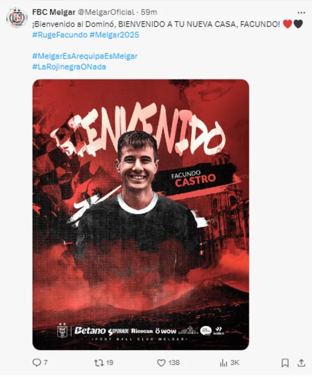 Melgar contrató a Facundo Castro. Melgar contrató a Facundo Castro.