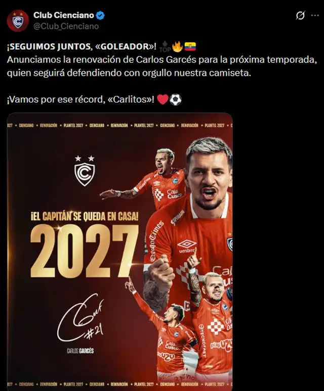 Cienciano anuncio que Carlos Garcés se queda una temporada más
