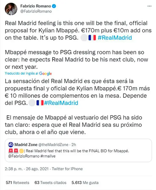 Información de Fabrizio Romano sobre Mbappé y Real Madrid.   